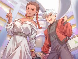  2girls animification apex_legends aqua_eyes bag belt black_pants black_sweater braid breasts brown_hair clenched_hand commentary_request dark-skinned_female dark_skin dating dress eyeshadow gold_choker gradient_hair grey_belt grey_hair jacket kogane_mushi loba_(apex_legends) looking_to_the_side makeup mall medium_hair multicolored_hair multiple_girls nessie_(respawn) off-shoulder_dress off_shoulder open_hand pants pointing red_eyeshadow red_hair red_jacket shopping_bag short_hair small_breasts smile sweater sweater_tucked_in turtleneck turtleneck_sweater twin_braids valkyrie_(apex_legends) white_dress yellow_eyes yuri 