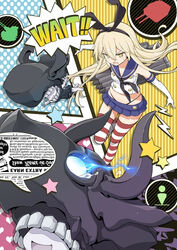  abyssal_ship aka_ringo black_neckerchief black_panties blonde_hair blue_sailor_collar blue_skirt commentary_request crop_top elbow_gloves female gloves glowing glowing_eye hair_between_eyes highleg highleg_panties highres kantai_collection long_hair microskirt neckerchief open_mouth panties pleated_skirt pt_imp_group sailor_collar shimakaze_(kancolle) skirt striped_clothes striped_thighhighs thighhighs underwear white_gloves yellow_eyes 