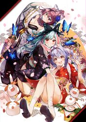  &gt;_&lt; 3girls :d absurdres animal_ear_fluff animal_ears blue_butterfly blue_hair bow braid breasts bug butterfly carrot_hair_ornament closed_mouth commentary detached_collar don-chan_(usada_pekora) floral_print flower food-themed_hair_ornament full_body green_hair grin hair_flower hair_ornament hair_ribbon hairbow haruhina_purple heterochromia highres hololive houshou_marine houshou_marine_(new_year) japanese_clothes kimono long_hair long_sleeves multicolored_hair multiple_girls obi official_alternate_costume pekomon_(usada_pekora) print_kimono rabbit_ears red_eyes red_hair red_kimono ribbon sash short_eyebrows short_sleeves smile socks streaked_hair thick_eyebrows twin_braids twintails uruha_rushia uruha_rushia_(new_year) usada_pekora usada_pekora_(new_year) virtual_youtuber white_hair white_kimono white_legwear xd yellow_eyes 