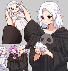  2boys 2girls :&lt; :3 blush braid character_doll cloak doll emet-selch final_fantasy final_fantasy_xiv grey_background heart highres holding holding_doll hythlodaeus hyur light_blush mask mask_around_neck multiple_boys multiple_girls purple_hair robe side_ponytail smile sophist&#039;s_robe_(ff14) spoilers supershrimpcakes triangle_mouth venat_(ff14) warrior_of_light_(ff14) white_hair 