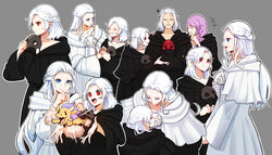  2boys 2girls annoyed azem_(ff14) black_robe blue_eyes braid cloak emet-selch final_fantasy final_fantasy_xiv grey_background holding_hands hythlodaeus looking_at_another mask mask_around_neck multiple_boys multiple_girls purple_hair red_eyes robe smile sophist&#039;s_robe_(ff14) sparkling_eyes spoilers supershrimpcakes venat_(ff14) warrior_of_light_(ff14) white_hair white_robe 