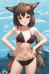  ahoge animal_ear_fluff animal_ears bikini black_bikini black_hair blurry blurry_background blush braid breasts commentary_request earrings female fox_ears fox_girl fox_tail hair_between_eyes hand_on_own_hip highres hololive jewelry kurokami_fubuki long_hair looking_at_viewer multicolored_hair navel open_mouth pentagram red_eyes red_hair shirai_yu sidelocks single_braid small_breasts solo streaked_hair swimsuit tail virtual_youtuber 