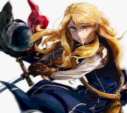  arslan_senki belt blonde_hair etoile_(arslan_senki) female gloves helmet long_hair open_mouth sword yellow_eyes 