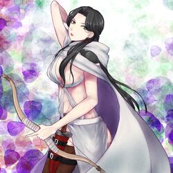  arslan_senki ass black_hair bow_(weapon) breasts cloak dagger dress earrings falangies green_eyes jewelry lips lipstick long_hair makeup midriff thighhighs weapon 