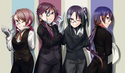  4girls adjusting_clothes adjusting_gloves blue_eyes blue_hair closed_mouth commentary_request cowboy_shot earrings formal gloves green_eyes grey_hair hair_between_eyes hair_ornament hairclip highres in-franchise_crossover jewelry kazuno_sarah long_hair love_live! love_live!_school_idol_project love_live!_sunshine!! mole mole_under_eye monocle multiple_girls necktie one_eye_closed one_side_up open_mouth pocket_watch ponytail purple_eyes purple_hair short_hair smile sonoda_umi striped striped_background suit tetetsu_(yuns4877) todo_erena watanabe_you watch yellow_eyes 