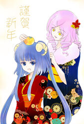  2girls blue_eyes blue_hair commentary_request dlanor_a._knox drill_hair flower food fruit furudo_erika hair_flower hair_ornament horns japanese_clothes kanoko_(pattern) kanzashi kikumon kimono kurahika mandarin_orange multiple_girls obi obiage obijime open_mouth orange_(fruit) photoshop_(medium) purple_hair sash sheep_horns smile translated twintails umineko_no_naku_koro_ni yellow_eyes 