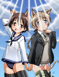  2girls absurdres ahoge animal_ears blonde_hair blue_eyes braid brown_eyes brown_hair cat_ears cat_girl cat_tail commentary_request dog_ears dog_girl dog_tail highres holding_hands interlocked_fingers looking_at_viewer lynette_bishop miyafuji_yoshika multiple_girls necktie no_pants one-piece_swimsuit panties school_swimsuit single_braid smile strike_witches striker_unit swimsuit swimsuit_under_clothes tail underwear vzmk2 white_panties world_witches_series 