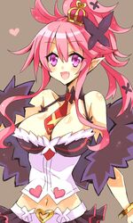  :d arched_crown bad_id bad_pixiv_id bare_shoulders breasts brown_background cleavage crown disgaea female heart hinano large_breasts long_hair looking_at_viewer makai_senki_disgaea_5 navel necktie oerba_yun_fang open_mouth pink_hair pointy_ears ponytail purple_eyes red_crown seraphina_(disgaea) simple_background smile solo 