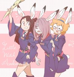  3girls animal_ears animal_nose brown_hair commentary glasses heart highres hmng holding kagari_atsuko little_witch_academia long_hair lotte_jansson multiple_girls open_mouth orange_hair pale_skin pink_hair rabbit_ears rabbit_girl rabbit_tail skirt sucy_manbavaran tail wand 