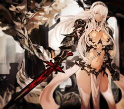  armor bikini_armor breasts brown_eyes cleavage cowboy_shot dark_elf dark_skin elf female gauntlets hairband jpeg_artifacts large_breasts long_hair original pointy_ears ricci smile solo sword thighhighs very_long_hair weapon white_hair white_legwear 