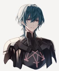  1boy armor blue_eyes byleth_(fire_emblem) byleth_(male)_(fire_emblem) cape commentary fire_emblem fire_emblem:_three_houses gloves green_hair looking_at_viewer male_focus simple_background solo srb7606 upper_body white_background 