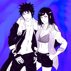  1boy black_hair blue_background breasts female hip_bone hyuuga_hinata looking_at_camera looking_at_viewer menma_(naruto) naruto naruto:_road_to_ninja naruto_shippuuden pose smirk soda_(wilkinsontansan) 