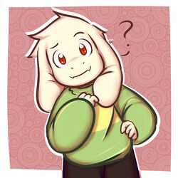  1:1 abstract_background albino anthro asriel_dreemurr azenzeph better_version_at_source border boss_monster_(undertale) bovid caprine clothed clothing fangs fur hi_res lolicon long_ears looking_at_viewer male mammal question_mark red_eyes simple_background solo stripes teeth undertale undertale_(series) white_body white_border white_fur young 