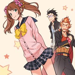  3boys akai_suzaku aqua_eyes arms_behind_back ascot bad_id bad_pixiv_id black_hair blue-framed_eyewear blush blush_stickers cardigan feline gakuran glasses hair_slicked_back haramaki idolmaster idolmaster_side-m iwa_(iwa000ima) kurono_genbu long_hair looking_at_another male_focus mizushima_saki multiple_boys nyako_(idolmaster) oerba_yun_fang otoko_no_ko pleated_skirt school_uniform scrunchie skirt star_(symbol) thick_eyebrows twintails 