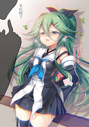  1boy against_wall arms_behind_back black_ribbon black_thighhighs blue_eyes blue_neckerchief blush box breasts check_commentary commentary commentary_request detached_sleeves female gift gift_box green_hair hair_between_eyes hair_ornament hair_ribbon hairclip kantai_collection kumao_mofumofu long_hair medium_breasts neckerchief ponytail ribbon school_uniform serafuku shaking_head skirt solo_focus standing sweat thighhighs translated valentine yamakaze_(kancolle) 