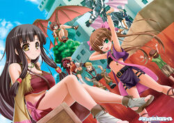  3boys 4girls aircraft amy_(suisei_no_gargantia) animal bag bebel_(suisei_no_gargantia) bellows_(suisei_no_gargantia) blonde_hair brown_hair chamber_(suisei_no_gargantia) copyright_name dutch_angle fringe_trim glider ledo_(suisei_no_gargantia) long_hair mecha melty_(suisei_no_gargantia) multiple_boys multiple_girls one_eye_closed open_mouth photoshop_(medium) pinion_(suisei_no_gargantia) red_hair robot saaya_(suisei_no_gargantia) short_hair side_slit sitting skirt smile suisei_no_gargantia yellow_eyes 