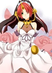  bare_shoulders berserker_of_black breasts dress elbow_gloves fate/apocrypha fate_(series) female flower gloves hair_ornament heterochromia horns open_mouth pink_hair rose short_hair veil white_dress 