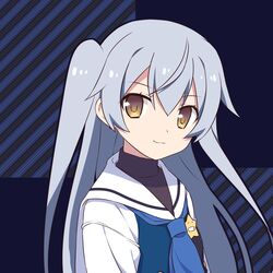  :3 blue_neckerchief blue_vest brown_eyes closed_mouth commentary_request diagonal_stripes female grey_hair grisaia_(series) grisaia_phantom_trigger hair_between_eyes head_tilt highres long_hair looking_at_viewer neckerchief sailor_collar school_uniform serafuku shenbei_xiaoqiu shirt shishigaya_touka sidelocks solo star_(symbol) striped striped_background two_side_up very_long_hair vest white_sailor_collar white_shirt 