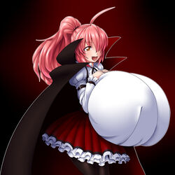  breast_suppress breasts brown_eyes cloak female female gigantic_breasts hair_over_one_eye happy higuma long_hair open_mouth ponytail red_hair skirt smile solo standing thick_thighs 