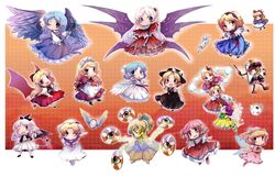  6+girls alice_margatroid angel_wings apron ayana_(touhou) bakebake_(touhou) bare_shoulders beads black_hat blonde_hair blonde_makai_resident_(touhou) blue_eyes blue_hair bow capelet card commentary demon_girl demon_tail demon_wings earrings elis_(touhou) extra facepaint fairy_wings feline fingerless_gloves fist_pump gloves green_eyes grey_eyes grey_hair hair_beads hair_ornament hair_ribbon hairband hairbow hat jewelry light_blue_hair looking_at_viewer looking_to_the_side louise_(touhou) magic_circle mai_(touhou) maid maid_apron maid_headdress mirror multiple_girls muutzi neckerchief oerba_yun_fang one_eye_closed open_mouth orange_eyes pantyhose pink-haired_makai_resident_(touhou) pink_eyes pink_hair playing_card pointing pointing_at_viewer pointy_ears ponytail purple_eyes purple_hair red_eyes rengeteki_(touhou) ribbon sandals sara_(touhou) sariel_(touhou) shanghai_doll shinki_(touhou) side_ponytail staff star_(symbol) striped_clothes striped_pantyhose sword tail thumbs_up touhou touhou_(pc-98) trump_king wand wayousei_(touhou) weapon white_hair white_hat wings yellow_eyes yuki_(touhou) yumeko_(touhou) yuugenmagan 