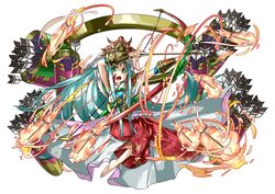  :o amaterasu_(p&amp;d) arrow_(projectile) bad_id bad_pixiv_id barefoot blue_hair bow_(weapon) female fire floral_print green_eyes hakama hakama_pants holding holding_weapon japanese_clothes kei_(keiclear) long_hair muneate open_mouth pants puzzle_&amp;_dragons quiver simple_background solo sword v-shaped_eyebrows very_long_hair weapon white_background 