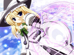  barrier_jacket blonde_hair blue_eyes bow braid cloud cosplay hair_ribbon hairbow hat high_res kirisame_marisa magic magic_circle magical_girl mahou_shoujo_lyrical_nanoha ribbon single_braid sky takamachi_nanoha_(cosplay) touhou witch witch_hat 