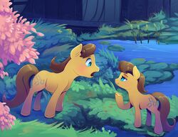  blush brown_hair caramel_(mlp) cutie_mark detailed_background duo earth_pony equid equine eye_contact female feral friendship_is_magic hair half-closed_eyes hasbro hi_res hooves horse looking_at_another male mammal my_little_pony narrowed_eyes open_mouth pony rule_63 smile standing viwrastupr water 