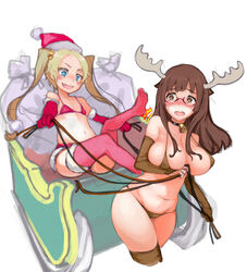  2girls animal_costume antlers bell bikini blonde_hair blue_eyes blush blush_stickers breasts brown_eyes brown_gloves brown_hair christmas cleavage collar commentary_request elbow_gloves flat_chest glasses gloves hair_ornament hat horns horse-drawn large_breasts long_hair megane_chuu multiple_girls navel oerba_yun_fang open_mouth original pink_gloves reindeer_costume reins sack santa_bikini santa_costume santa_hat sleigh star_(symbol) star_hair_ornament swimsuit thighhighs twintails 