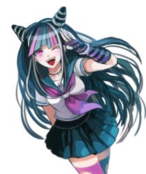  ;d barbell_piercing black_hair black_skirt blue_hair blush chiko_(d04099) commentary_request danganronpa_(series) danganronpa_2:_goodbye_despair ear_piercing female fingerless_gloves gloves hair_horns jewelry lip_piercing long_hair mioda_ibuki multicolored_hair necklace one_eye_closed open_mouth piercing pink_eyes pink_hair pleated_skirt school_uniform serafuku single_glove skirt smile solo thighhighs torn_clothes torn_thighhighs white_hair zettai_ryouiki 