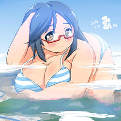  2014 banned_artist bikini blush breasts dated giantess glasses huge_breasts mikomu mountain orange_eyes original plump red-framed_eyewear short_hair smile solo striped striped_bikini swimsuit 