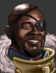  1boy avengers bald basilio beard cosplay crossover dark_skin eyepatch facial_hair fire_emblem fire_emblem:_kakusei highres male male_focus marvel nick_fury nintendo parody profile real_life_insert realistic samuel_l_jackson smile 