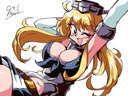  1990s_(style) araizumi_rui_(style) belt blonde_hair blue_eyes breasts bursting_breasts choroli_(chorolin) cleavage commentary_request elbow_gloves female front-tie_top gloves iowa_(kancolle) kantai_collection large_breasts long_hair looking_at_viewer miniskirt navel one_eye_closed open_mouth parody retro_artstyle signature skirt solo star-shaped_pupils star_(symbol) striped style_parody symbol-shaped_pupils vertical_stripes white_background 