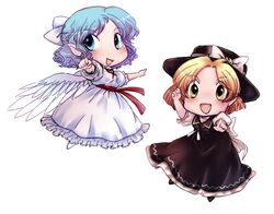  2girls angel_wings black_hat blonde_hair blue_eyes blue_hair commentary_request feathered_wings fist_pump hair_ribbon hat light_blue_hair looking_at_viewer mai_(touhou) multiple_girls muutzi pointing pointing_at_viewer pointy_ears ribbon touhou touhou_(pc-98) white_wings wings yellow_eyes yuki_(touhou) 