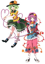  2girls absurdres adapted_costume animal_slippers belt bow commentary_request dress floral_print frills full_body hand_on_own_chest hat hat_bow heart heart_of_string highres komeiji_koishi komeiji_satori lips makai multiple_girls panda_slippers photoshop_(medium) short_hair short_sleeves siblings simple_background sisters skirt slippers socks third_eye touhou wide_sleeves 