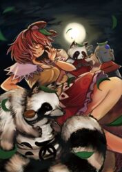  adjusting_eyewear animal_ears breasts brown_hair cleavage commentary_request female full_moon futatsuiwa_mamizou glasses gourd jizou large_breasts leaf leaf_on_head moni_(credo) moon pince-nez raccoon_ears raccoon_tail red_eyes smoking_pipe tail tanuki touhou 