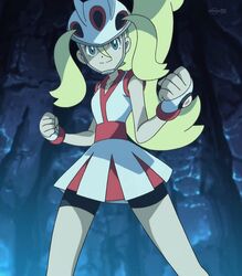  aqua_eyes bare_shoulders bicycle_helmet bike_shorts blonde_hair blue_eyes female gym_leader helmet koruni_(pokemon) long_hair nintendo pokemon pokemon_(anime) pokemon_xy ponytail screencap shorts solo 