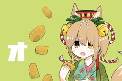  :o animal_ears bangs bell blue_kimono breasts commentary_request eguchi_saan facial_mark food fox_ears fox_tail green_background green_kimono hair_bell hair_ornament holding holding_food japanese_clothes jingle_bell kimono kouhaku_nawa light_brown_hair mini_torii oerba_yun_fang open_mouth original shide short_hair simple_background small_breasts solo symbol_commentary tail tofu torii upper_body yellow_eyes 