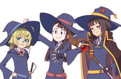  3girls bad_id bad_pixiv_id belt blonde_hair blue_eyes brown_hair cape commentary_request cosplay crossover dress erica_mendez fingerless_gloves gloves hand_on_own_hip hat kagari_atsuko kagari_atsuko_(cosplay) kono_subarashii_sekai_ni_shukufuku_wo! little_witch_academia long_hair looking_at_viewer looking_back megumin multiple_crossover multiple_girls needle_(needlebomb) red_eyes season_connection short_hair smirk staff sword tanya_degurechaff trait_connection upper_body voice_actor_connection weapon witch_hat youjo_senki 