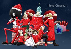  2girls 6+boys alternate_costume black_hair blonde_hair blue_hair brook christmas cyborg franky green_hair hat highres monkey_d_luffy multiple_boys multiple_girls nami nami_(one_piece) nico_robin one_piece orange_hair pantyhose roronoa_zoro sanji santa_costume santa_hat santa_suit sitting skeleton tony_tony_chopper usopp 