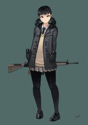  absurdres battle_rifle black_eyes commentary_request female full_body grey_background gun h&amp;k_g3 highres holding holding_weapon jacket karamas looking_at_viewer magazine_(weapon) original pantyhose rifle simple_background solo twintails weapon 