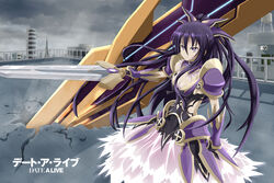  :o armor armored_dress asakurashinji commentary_request copyright_name crater date_a_live female highres long_hair photoshop_(medium) purple_eyes purple_hair skirt solo sword very_long_hair weapon yatogami_tooka 