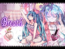  aqua_eyes aqua_hair arm_up barefoot bottle closed_eyes commentary_request copyright_name female hatsune_miku highres hona_(platinum_egg) letterboxed long_hair nail_polish_bottle outstretched_hand perfume_bottle sitting solo twintails very_long_hair vocaloid wariza 