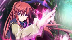  eushully female female forest game_cg long_hair long_sleeves magic minamoto_atori nature purple_eyes red_hair smile solo soukoku_no_arterial 