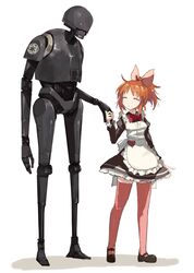  1other abe_nana apron blush brown_hair closed_eyes commentary_request droid female full_body galactic_empire heart holding_hands idolmaster idolmaster_cinderella_girls insignia k-2so ketunyan long_hair maid maid_apron mecha_on_girl ponytail rebel_alliance robot rogue_one:_a_star_wars_story science_fiction smile star_wars 