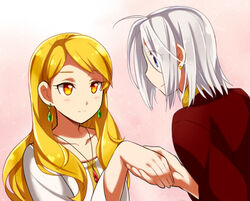  1boy arslan arslan_senki blonde_hair blue_eyes blush breasts cloak earrings etoile_(arslan_senki) female jewelry long_hair necklace short_hair silver_hair smile yellow_eyes 