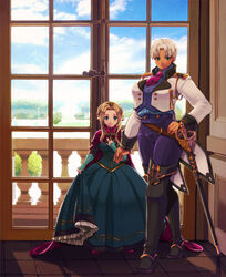  2girls alternate_hairstyle arisen_(dragon&#039;s_dogma) ascot black_footwear blue_eyes boots braid breasts brown_hair cape crossed_legs curtsey dark-skinned_female dark_skin dragon&#039;s_dogma dragon&#039;s_dogma_(series) dress earrings epaulettes french_braid frozen_(disney) full_body green_dress grey_hair hand_on_own_hip height_difference jacket jewelry large_breasts long_hair multiple_girls nanakichi pants pawn_(dragon&#039;s_dogma) photoshop_(medium) pointy_ears sash sheath sheathed short_hair size_difference skirt_hold standing sword thigh_boots thighhighs tiara vest watson_cross weapon window 