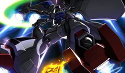  commentary_request energy_sword foreshortening glowing glowing_eyes gomibako_(shirokumatei) gundam gundam_0083 gundam_gp-02_physalis looking_down mecha no_humans robot shield solo space sword weapon 