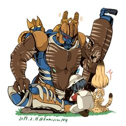  1990s_(style) 2boys 2girls :3 ^^^ animal animal_ears animalization backpack bag bare_shoulders beast_wars beast_wars:_transformers black_hair blonde_hair cat_ears cheetah cheetor commentary crossover dated dinobot_(beast_wars) elbow_gloves fangs gloves gun hat hat_feather helmet insignia kaban_(kemono_friends) kamizono_(spookyhouse) kemono_friends maximal mecha multiple_boys multiple_girls open_mouth outdoors pith_helmet red_eyes retro_artstyle robot serval_(kemono_friends) serval_print shirt short_hair simple_background sitting skirt smile stifled_laugh tail tail_raised teeth transformers twitter_username weapon white_background 