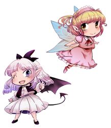  2girls blonde_hair blonde_makai_resident_(touhou) bow commentary demon_girl demon_tail demon_wings extra fairy_wings hairbow multiple_girls muutzi oerba_yun_fang one_eye_closed pink-haired_makai_resident_(touhou) pink_hair pointy_ears purple_eyes purple_hair side_ponytail tail thumbs_up touhou touhou_(pc-98) white_hair wings yellow_eyes 