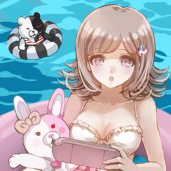  bikini blush bow breasts chiko_(d04099) cleavage commentary_request danganronpa_(series) danganronpa_2:_goodbye_despair ear_bow female flipped_hair galaga hair_ornament hairclip handheld_game_console medium_breasts medium_hair mole mole_on_breast monokuma monomi_(danganronpa) nanami_chiaki official_alternate_costume pink_eyes pink_hair playstation_portable solo swimsuit white_bikini 